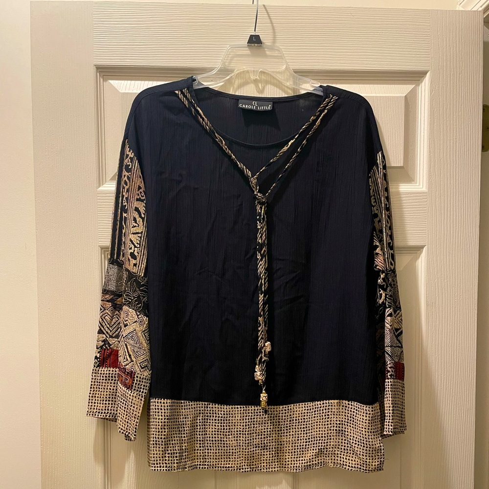 Carole Little Vintage Black Blouse with Beige and Red Patterns